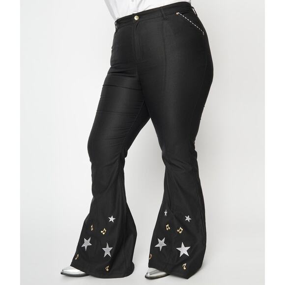 Unique Vintage Black 1970s Stars + Music Note Coated Flare Jeans - Large - NWT - Picture 1 of 9